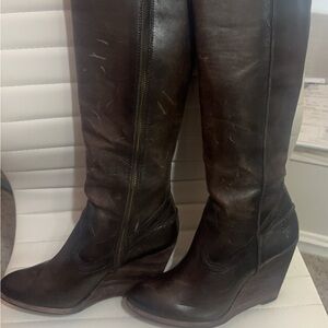 Frye Brown knee high wedge boots sz 8